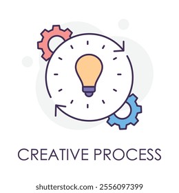 Vector icon for Creative Process. A light bulb surrounded by gears indicating innovative ideas and problem-solving.