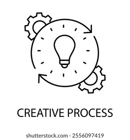 Vector icon for Creative Process. A light bulb surrounded by gears indicating innovative ideas and problem-solving.