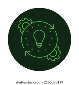 Vector icon for Creative Process. A light bulb surrounded by gears indicating innovative ideas and problem-solving.