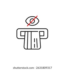Vector icon of a credit card inserted in an ATM with a crossed-out eye, hidden transaction, private banking, or disabled ATM visibility. Ideal for finance apps, banking interfaces, and privacy-focused