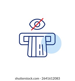 Vector icon of a credit card inserted in an ATM with a crossed-out eye, symbolizing hidden transaction, private banking, or disabled ATM visibility. Ideal for finance apps, banking interfaces