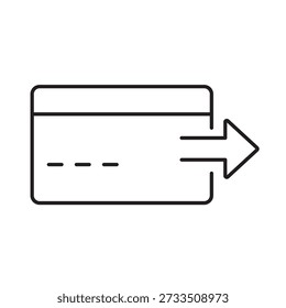 A vector icon of a credit card with a right-pointing arrow, symbolizing a refund issued, created in line style with editable stroke