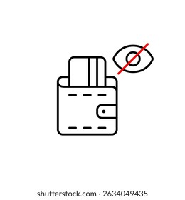 Vector icon of credit card in wallet with crossed-out eye, symbolizing hidden payment method, private spending, or invisible transaction. Ideal for finance apps, wallets, and privacy settings