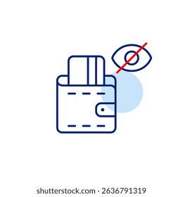 Vector icon of credit card in wallet with crossed-out eye, symbolizing hidden payment method, private spending, or invisible transaction. Ideal for finance apps, wallets, and privacy settings
