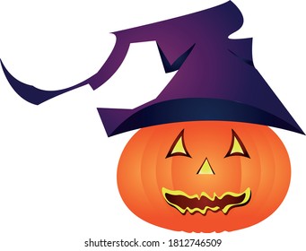 Vector icon. Creepy pumpkin in a witch's hat. Happy Halloween