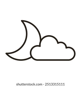 Vector icon of crescent moon and cloud. Black outline. Vector illustration isolated on white background.