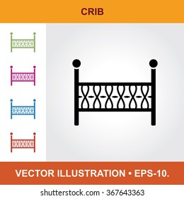 Vector Icon Of Crib With Title & Small Multicolored Icons. Eps-10.