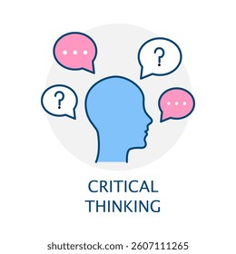 Vector icon for Critical Thinking. Brain with gears and question marks, representing analytical reasoning, problem-solving, and intellectual curiosity.