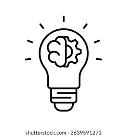 Vector icon of critical thinking showing a lightbulb, gears, and a brain, symbolizing analytical thought. Ideal for educational, psychological, and personal development materials