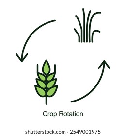 Vector icon for Crop Rotation with Plant Arrows Cycle. Illustrates agricultural sustainability with rotating crop symbols and directional arrows for soil health improvement.