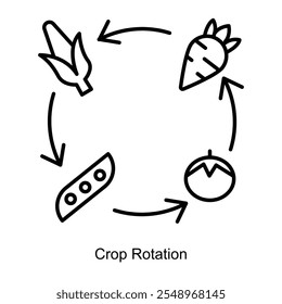 Ícone de vetor para Rotação de Culturas e Técnicas Agrícolas Sustentáveis. Design circular com setas que mostram a diversidade de culturas para melhorar o rendimento e a conservação do solo.