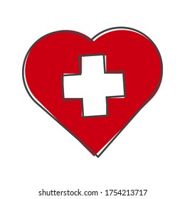 Vector icon of the cross in the heart cartoon style on white isolated background.