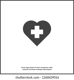 Vector icon of the cross in the heart. Vector illustration of medicine on health care on white isolated background. Layers grouped for easy editing illustration. For your design.