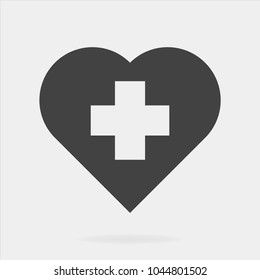 Vector icon of the cross in the heart on a gray background. Vector illustration of medicine on health care