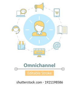 Vector Icon Of Cross-Channel, Omnichannel, Several Communication Channels Between Seller And Customer, Digital Marketing, Online Shopping.