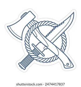 Icono de Vector de cuchillo cruzado y hacha en un círculo de cuerda. Aislado sobre fondo blanco