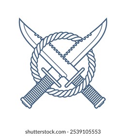 Icono de Vector de cuchillos cruzados en un círculo de cuerda. Aislado en el fondo blanco