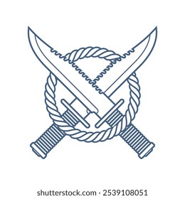 Vektorsymbol von gekreuzten Messern ein Seilkreis. Einzeln auf weißem Hintergrund