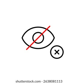 Vector icon of crossed-out eye with a cross inside a circle, symbolizing denied visibility, restricted access, or hidden content. Ideal for security apps, privacy controls, and warning interfaces