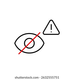Vector icon of crossed-out eye with exclamation mark inside triangle, symbolizing privacy warning, restricted visibility alert, or security caution. Ideal for security apps, privacy settings, and user