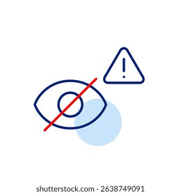 Vector icon of crossed-out eye with exclamation mark inside triangle, symbolizing privacy warning, restricted visibility alert, or security caution. Ideal for security apps, privacy settings, user not