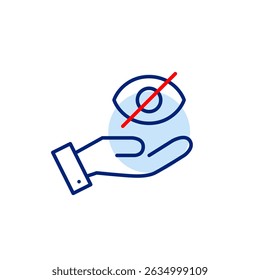 Vector icon of crossed-out eye in hand, symbolizing intentional privacy, protection of secrets, or hidden awareness. Ideal for security apps, mindfulness tools, and privacy platforms