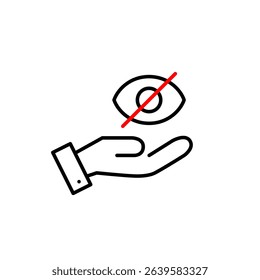 Vector icon of crossed-out eye in hand, symbolizing intentional privacy, protection of secrets, or hidden awareness. Ideal for security apps, mindfulness tools, and privacy-focused platforms