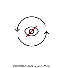 Vector icon of crossed-out eye inside renew arrows, symbolizing hidden refresh, private updates, or invisible synchronization. Ideal for app settings, privacy controls, and update notifications