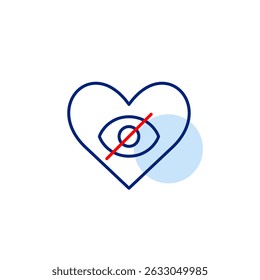 Vector icon of crossed-out eye inside heart, symbolizing secret love, hidden feelings, or private affection. Ideal for dating apps, relationship platforms, and privacy designs