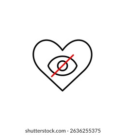 Vector icon of crossed-out eye inside heart, symbolizing secret love, hidden feelings, or private affection. Ideal for dating apps, relationship platforms, and privacy-focused designs
