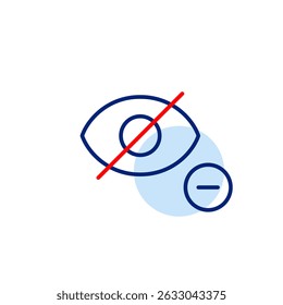 Vector icon of crossed-out eye with minus button, symbolizing reduced visibility, hidden content removal, or restricted access. Ideal for privacy settings, user interfaces, and content management apps