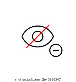 Vector icon of crossed-out eye with minus button, symbolizing reduced visibility, hidden content removal, or restricted access. Ideal for privacy settings, user interfaces, content management apps