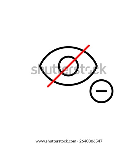 Vector icon of crossed-out eye with minus button, symbolizing reduced visibility, hidden content removal, or restricted access. Ideal for privacy settings, user interfaces, content management apps