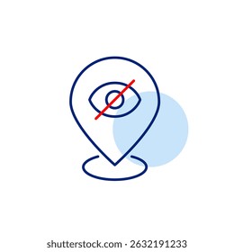 Vector icon of crossed-out eye on map pointer, symbolizing hidden location, private navigation, or invisible tracking. Ideal for map apps, privacy settings, and geolocation