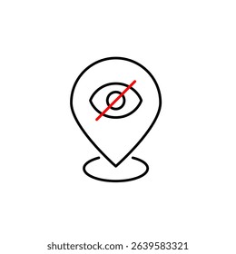 Vector icon of crossed-out eye on map pointer, symbolizing hidden location, private navigation, or invisible tracking. Ideal for map apps, privacy settings, and geolocation services
