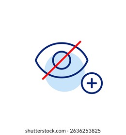 Vector icon of crossed-out eye with plus symbol, symbolizing adding privacy, enabling hidden mode, or increasing confidentiality. Ideal for privacy settings, user interfaces, and security apps