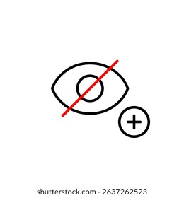 Vector icon of crossed-out eye with plus symbol, symbolizing adding privacy, enabling hidden mode, or increasing confidentiality. Ideal for privacy settings, user interfaces security apps