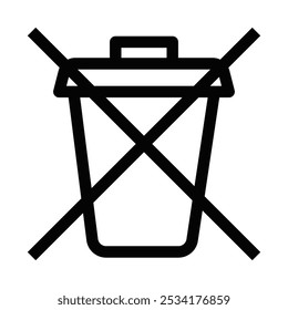 Ícone vetorial de um cesto de lixo riscado, que não representa lixo, restrições de lixo ou proteção ambiental. Traçado editável