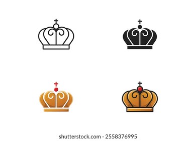 vector icon of crown with red jewels made in outline, silhouette, flat and outline filled styles