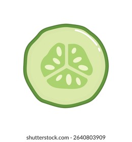 Vector icon of a cucumber with round slice and wedge. Flat illustration of ripe green cucumber isolated on white background. Perfect for healthy eating, food design, and organic product themes