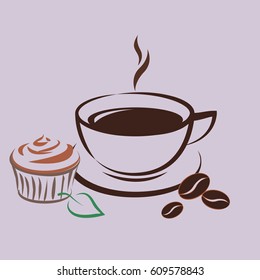 Vector icon of a cup of coffee with cake