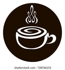 Vector icon of cup of coffee on the round black background.