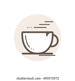 Vector icon of cup of coffee. Icon is in simple lineart style without coloring. Symbol on brown circular background.