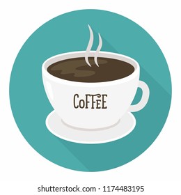 Vector icon of a cup of coffee. A cup of coffee is white with the inscription: Coffee. Illustration in a flat style.