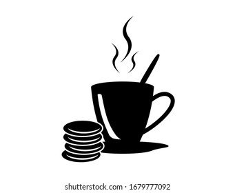 Icono vectorial en un plato con té o café caliente y galletas en un fondo blanco.