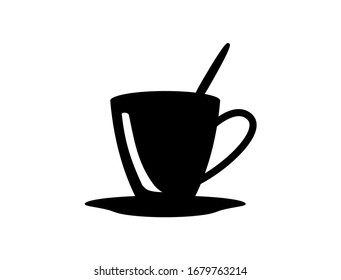 Vector icon cup with a spoon on a black plate on a white background.