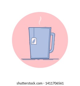 Vector icon of cup with tea bag. Isolated in circle. Flat design. Blue and pink colors.