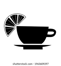 Vector icon of cup of tea our coffee with lemon for menu, logo 