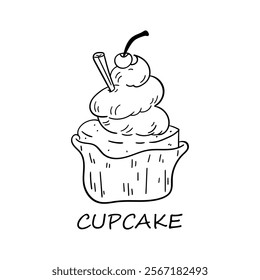 Vector icon for cupcake. Hand-drawn illustration of a cupcake with frosting, a cherry, and a wafer stick, symbolizing a sweet dessert treat.