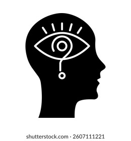 Vector icon for Curious Mind. Human profile with thought bubbles and question marks, symbolizing intellectual curiosity and deep thinking.